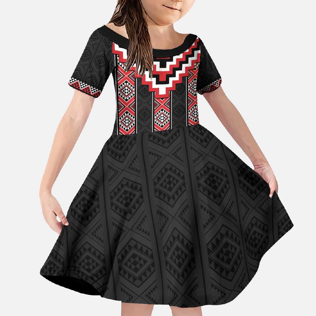 Red Taniko Aotearoa Family Matching Long Sleeve Bodycon Dress and Hawaiian Shirt Niho Taniwha Mix Poutama LT14 Daughter's Dress Red - Polynesian Pride