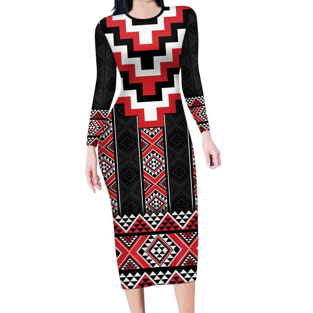 Red Taniko Aotearoa Family Matching Long Sleeve Bodycon Dress and Hawaiian Shirt Niho Taniwha Mix Poutama LT14 Mom's Dress Red - Polynesian Pride