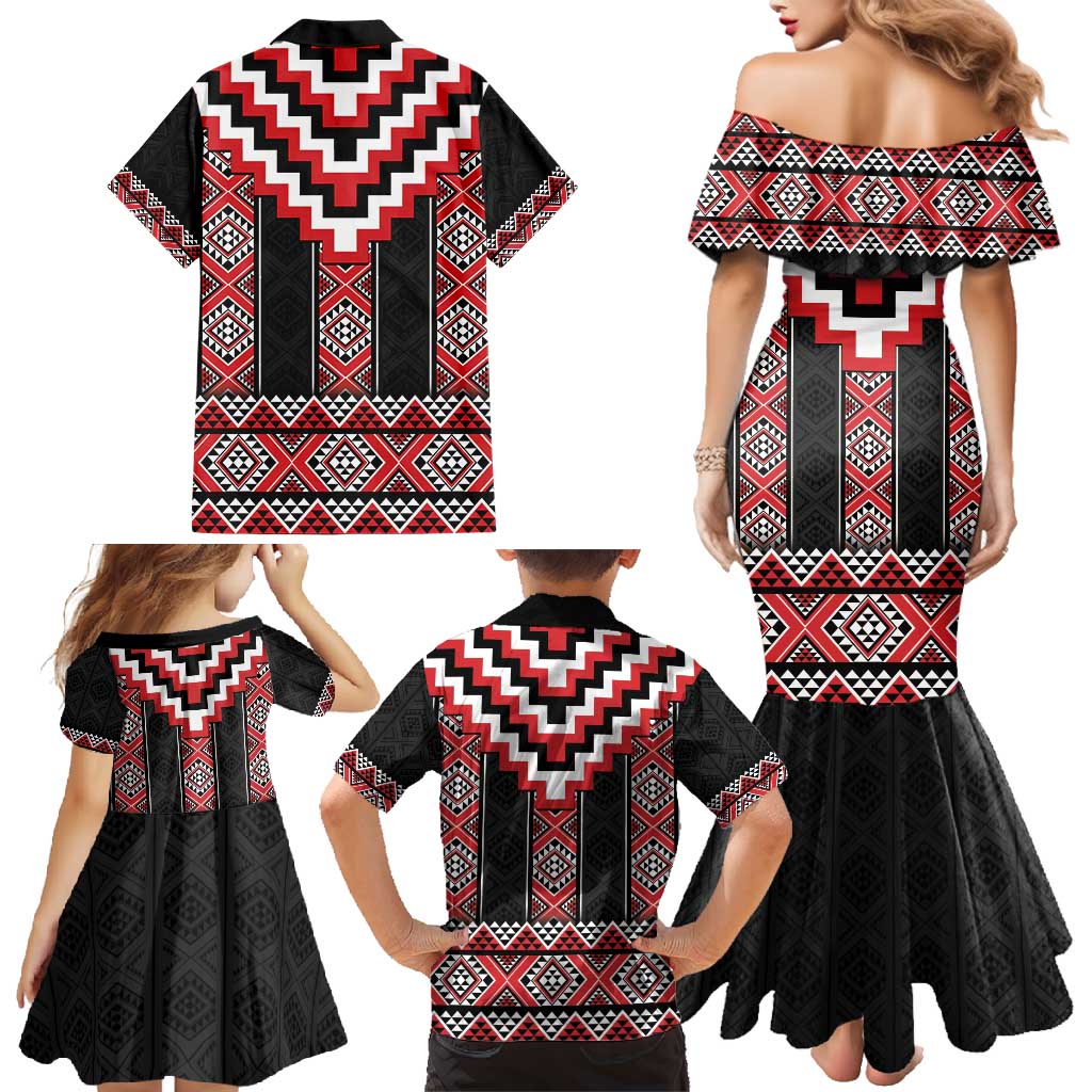 Red Taniko Aotearoa Family Matching Mermaid Dress and Hawaiian Shirt Niho Taniwha Mix Poutama LT14 - Polynesian Pride