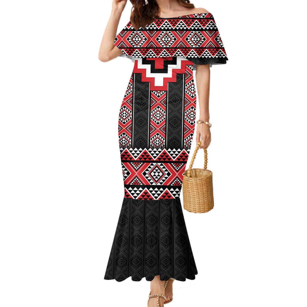 Red Taniko Aotearoa Family Matching Mermaid Dress and Hawaiian Shirt Niho Taniwha Mix Poutama LT14 Mom's Dress Red - Polynesian Pride