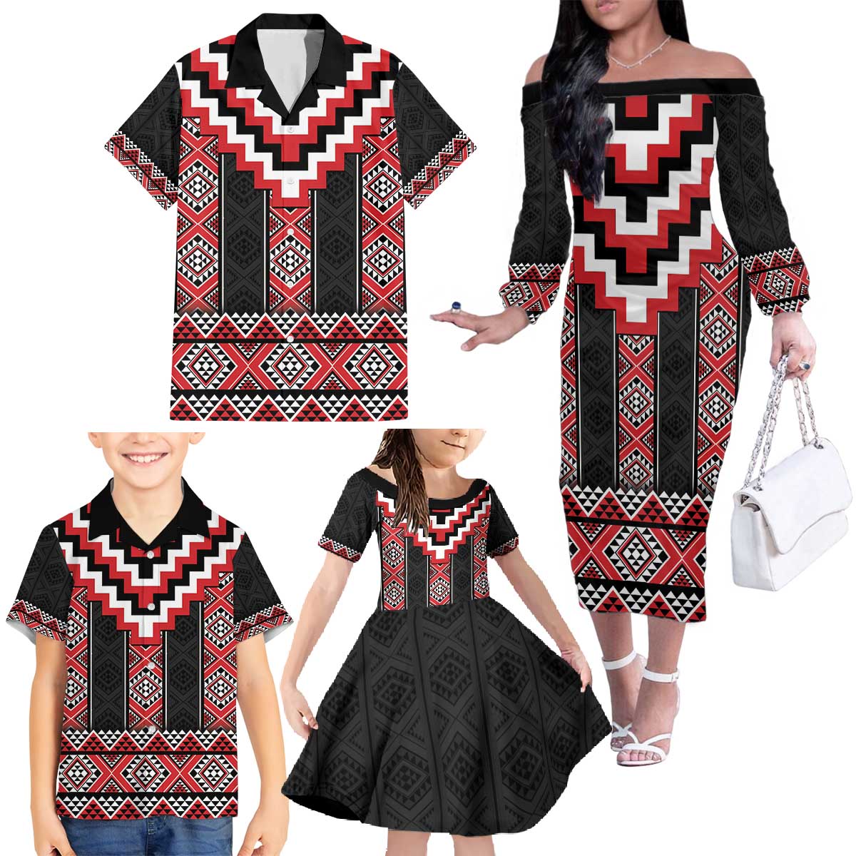 Red Taniko Aotearoa Family Matching Off The Shoulder Long Sleeve Dress and Hawaiian Shirt Niho Taniwha Mix Poutama LT14 - Polynesian Pride