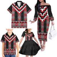 Red Taniko Aotearoa Family Matching Off The Shoulder Long Sleeve Dress and Hawaiian Shirt Niho Taniwha Mix Poutama LT14 - Polynesian Pride