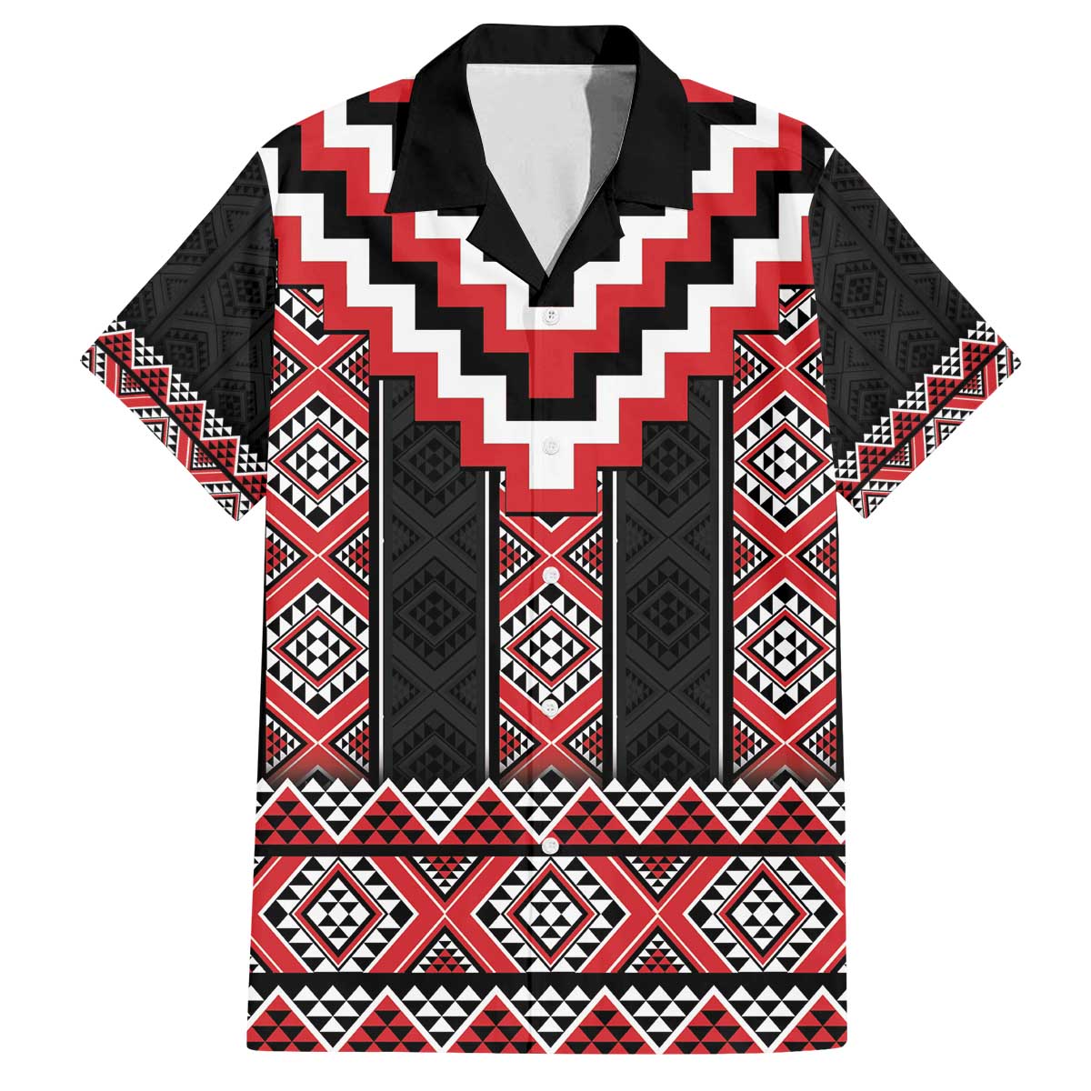Red Taniko Aotearoa Family Matching Off The Shoulder Long Sleeve Dress and Hawaiian Shirt Niho Taniwha Mix Poutama LT14 Dad's Shirt - Short Sleeve Red - Polynesian Pride