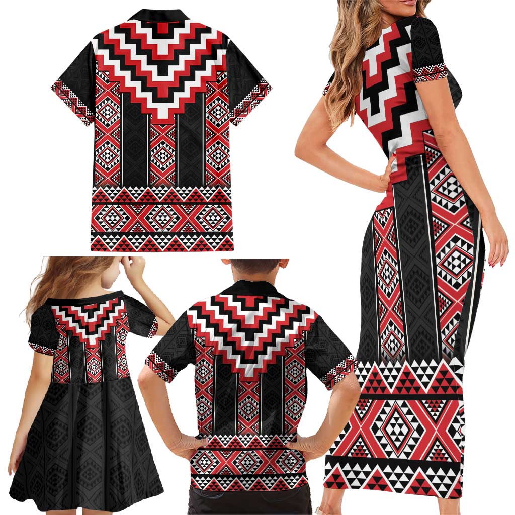 Red Taniko Aotearoa Family Matching Short Sleeve Bodycon Dress and Hawaiian Shirt Niho Taniwha Mix Poutama LT14 - Polynesian Pride