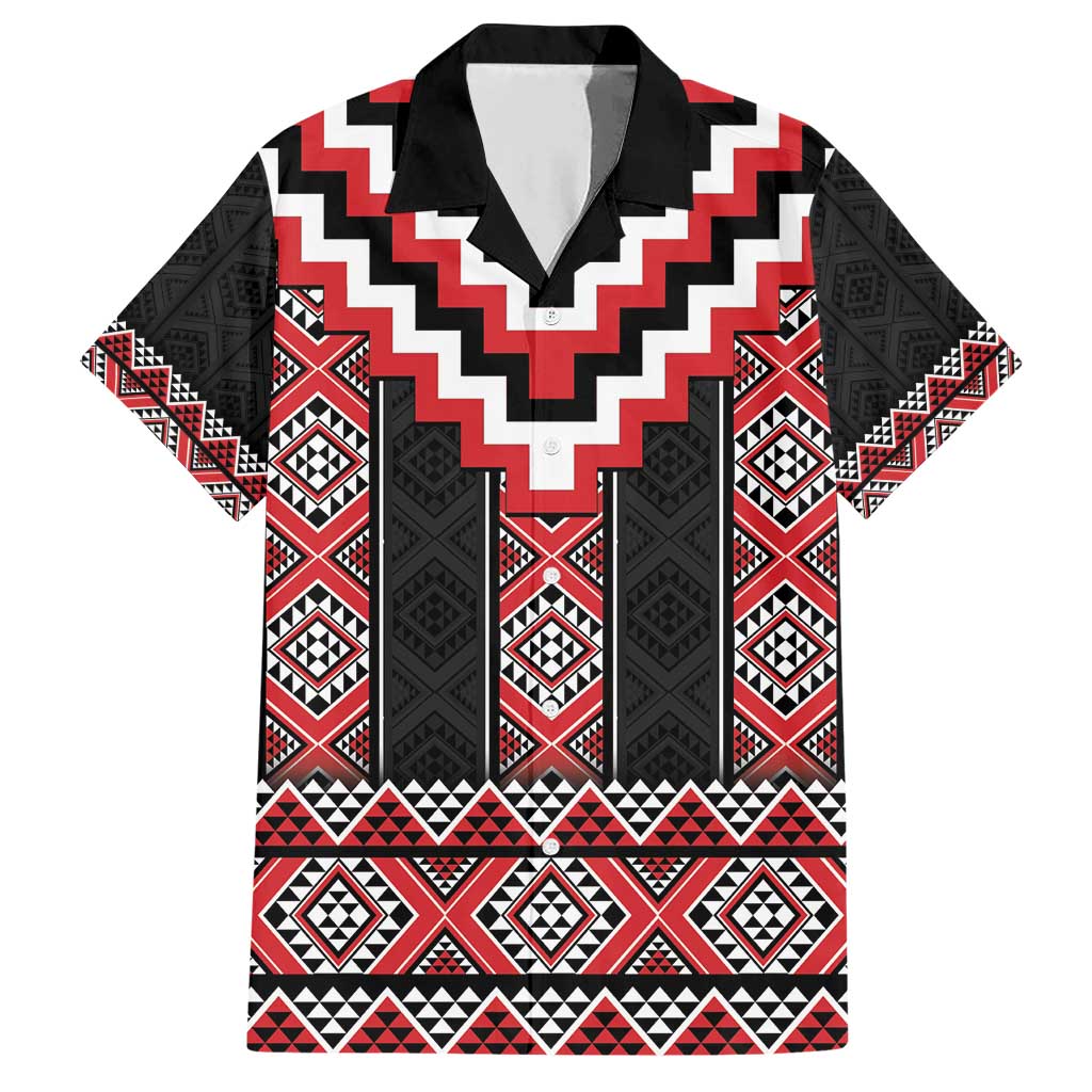 Red Taniko Aotearoa Family Matching Short Sleeve Bodycon Dress and Hawaiian Shirt Niho Taniwha Mix Poutama LT14 Dad's Shirt - Short Sleeve Red - Polynesian Pride