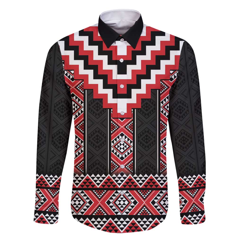 Red Taniko Aotearoa Family Matching Short Sleeve Bodycon Dress and Hawaiian Shirt Niho Taniwha Mix Poutama LT14 Dad's Shirt - Long Sleeve Red - Polynesian Pride