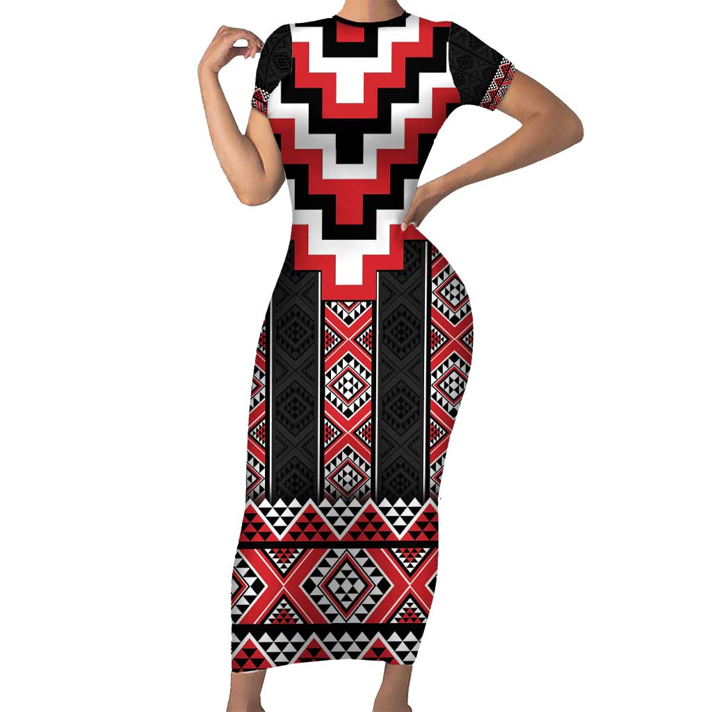 Red Taniko Aotearoa Family Matching Short Sleeve Bodycon Dress and Hawaiian Shirt Niho Taniwha Mix Poutama LT14 Mom's Dress Red - Polynesian Pride