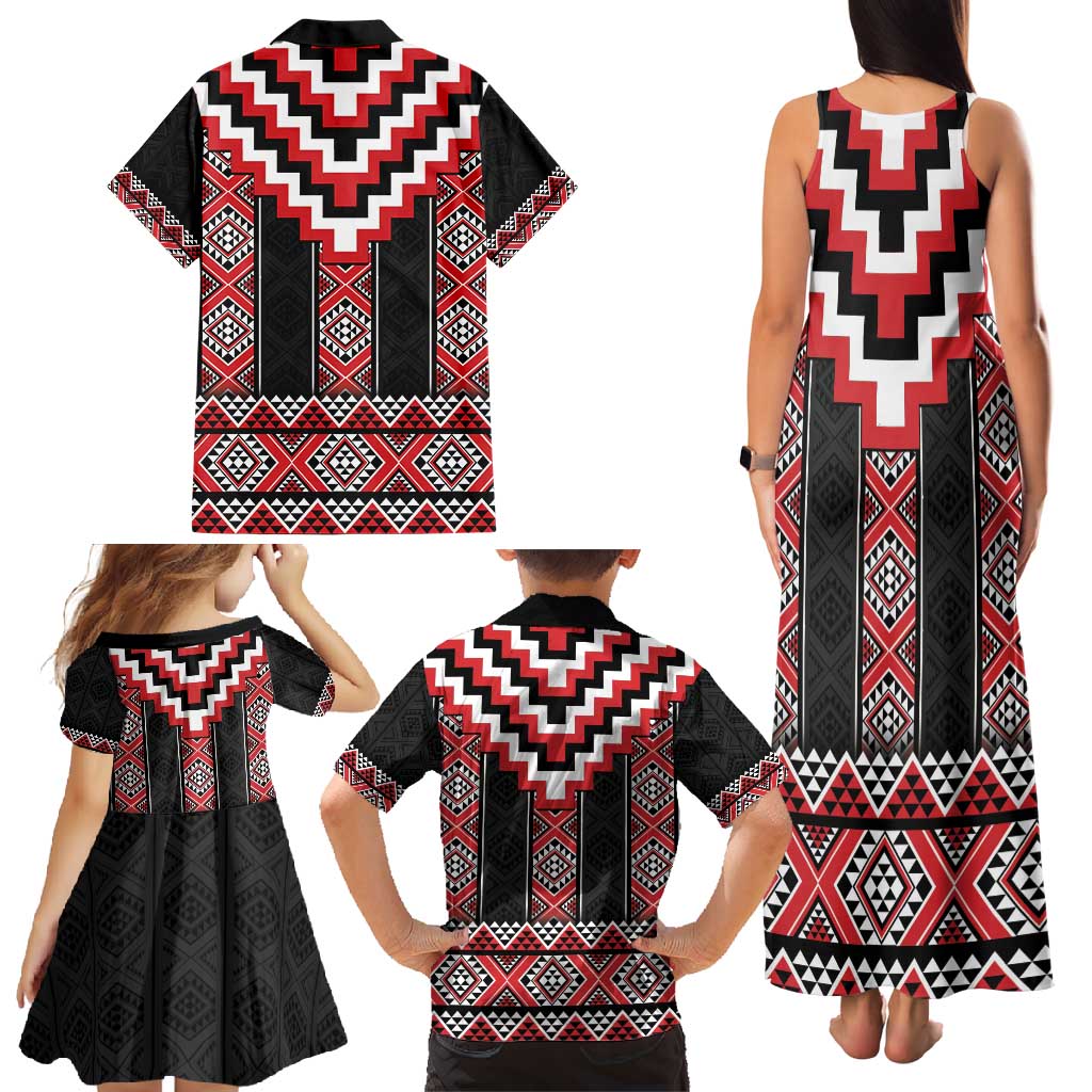 Red Taniko Aotearoa Family Matching Tank Maxi Dress and Hawaiian Shirt Niho Taniwha Mix Poutama LT14 - Polynesian Pride