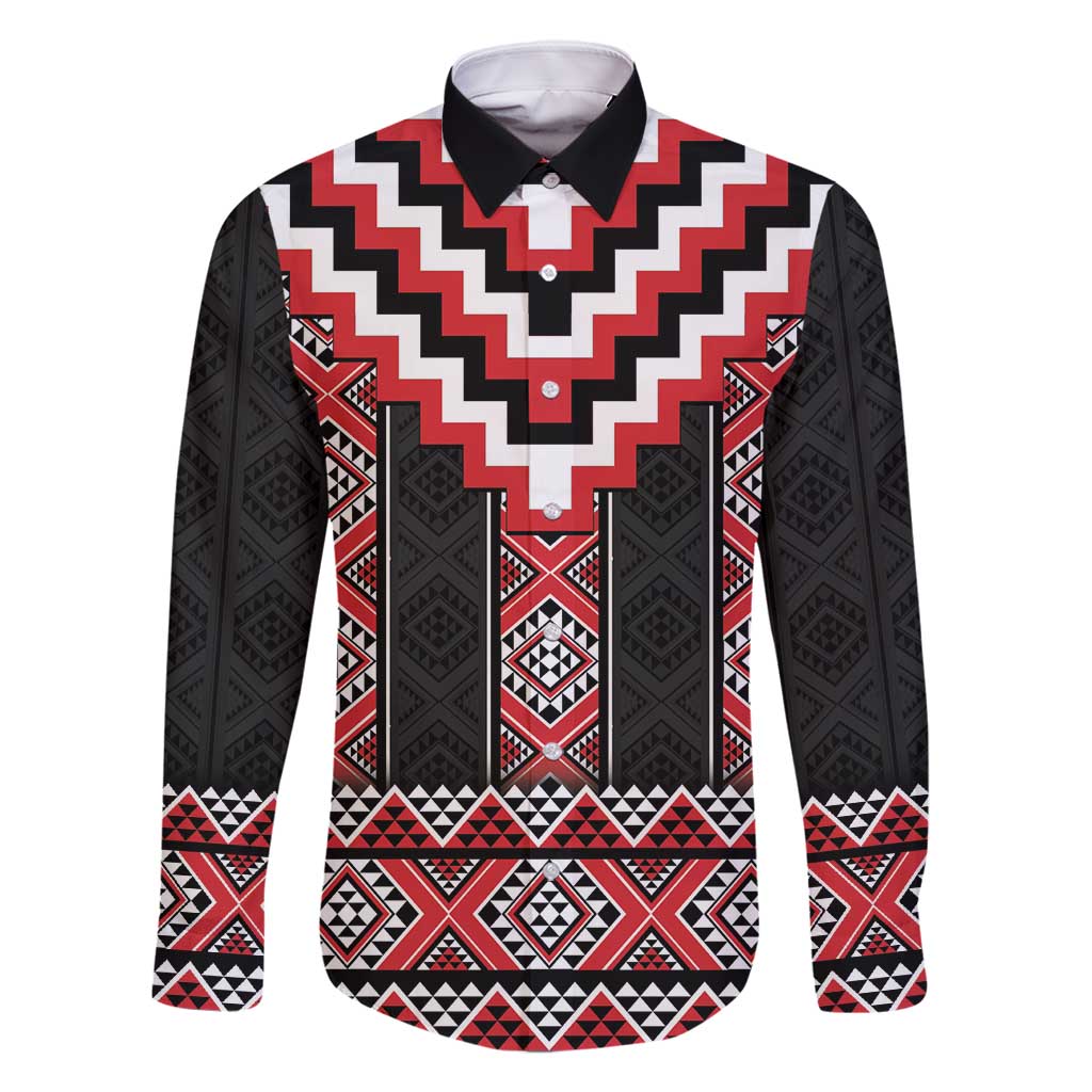 Red Taniko Aotearoa Family Matching Tank Maxi Dress and Hawaiian Shirt Niho Taniwha Mix Poutama LT14 Dad's Shirt - Long Sleeve Red - Polynesian Pride