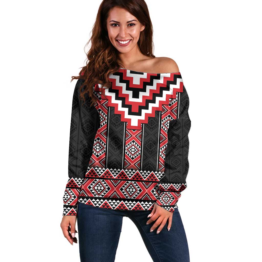 Red Taniko Aotearoa Off Shoulder Sweater Niho Taniwha Mix Poutama LT14 Women Red - Polynesian Pride