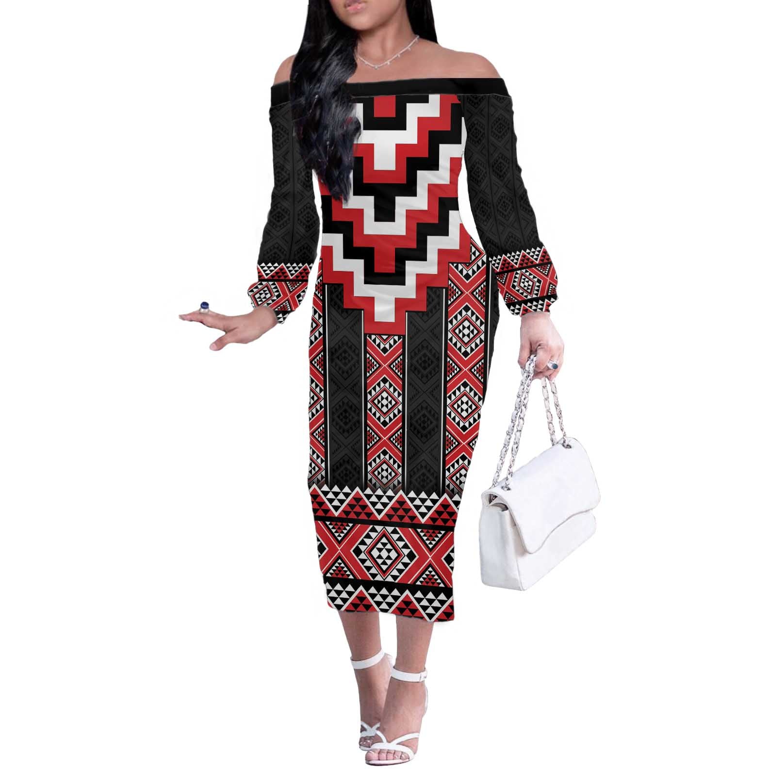 Red Taniko Aotearoa Off The Shoulder Long Sleeve Dress Niho Taniwha Mix Poutama LT14 Women Red - Polynesian Pride
