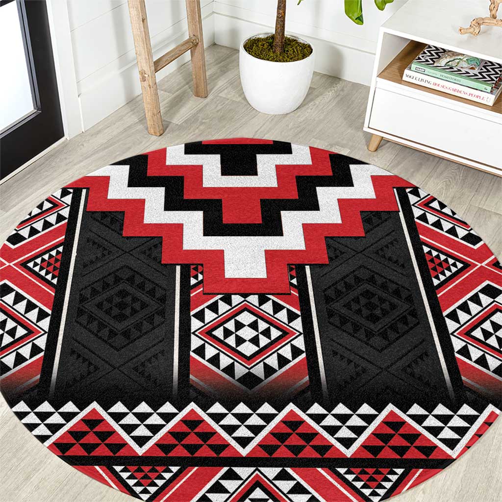 Red Taniko Aotearoa Round Carpet Niho Taniwha Mix Poutama LT14 Red - Polynesian Pride