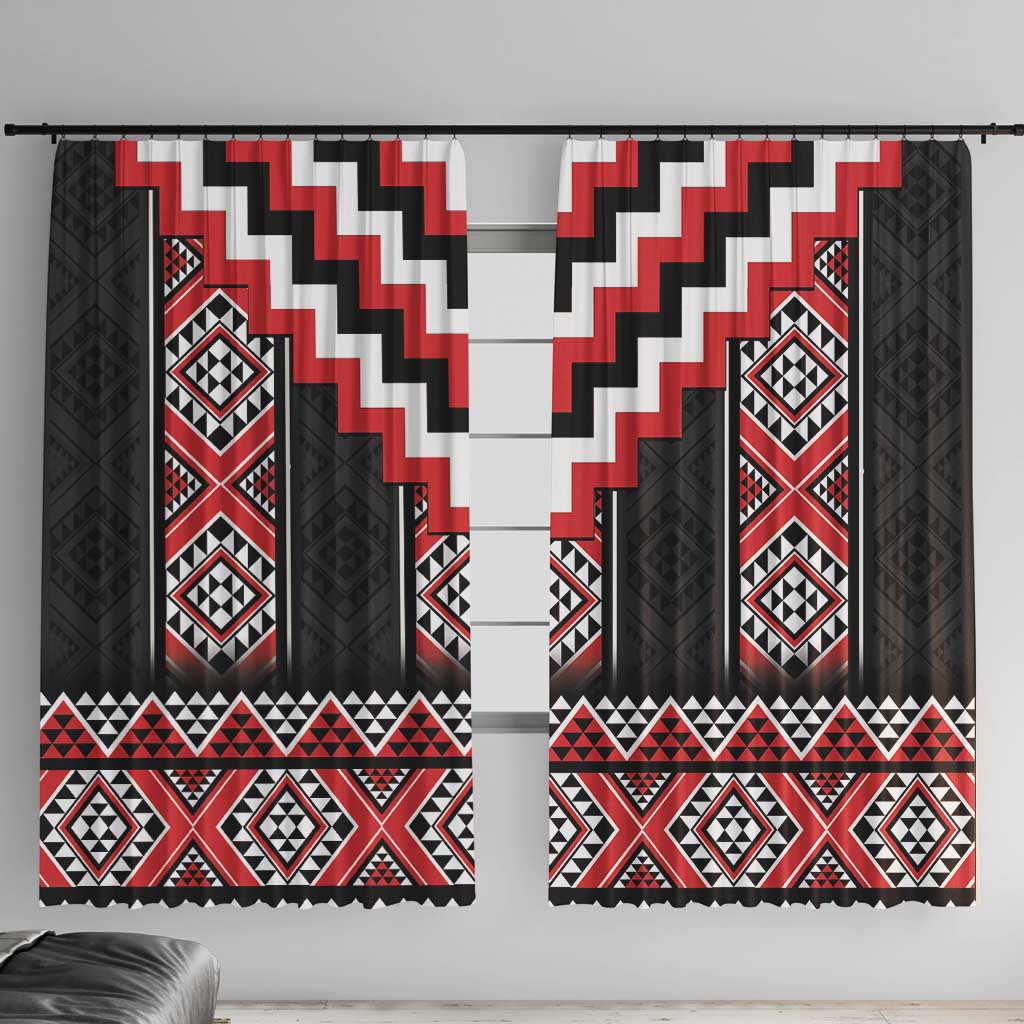 Red Taniko Aotearoa Window Curtain Niho Taniwha Mix Poutama LT14 With Hooks Red - Polynesian Pride