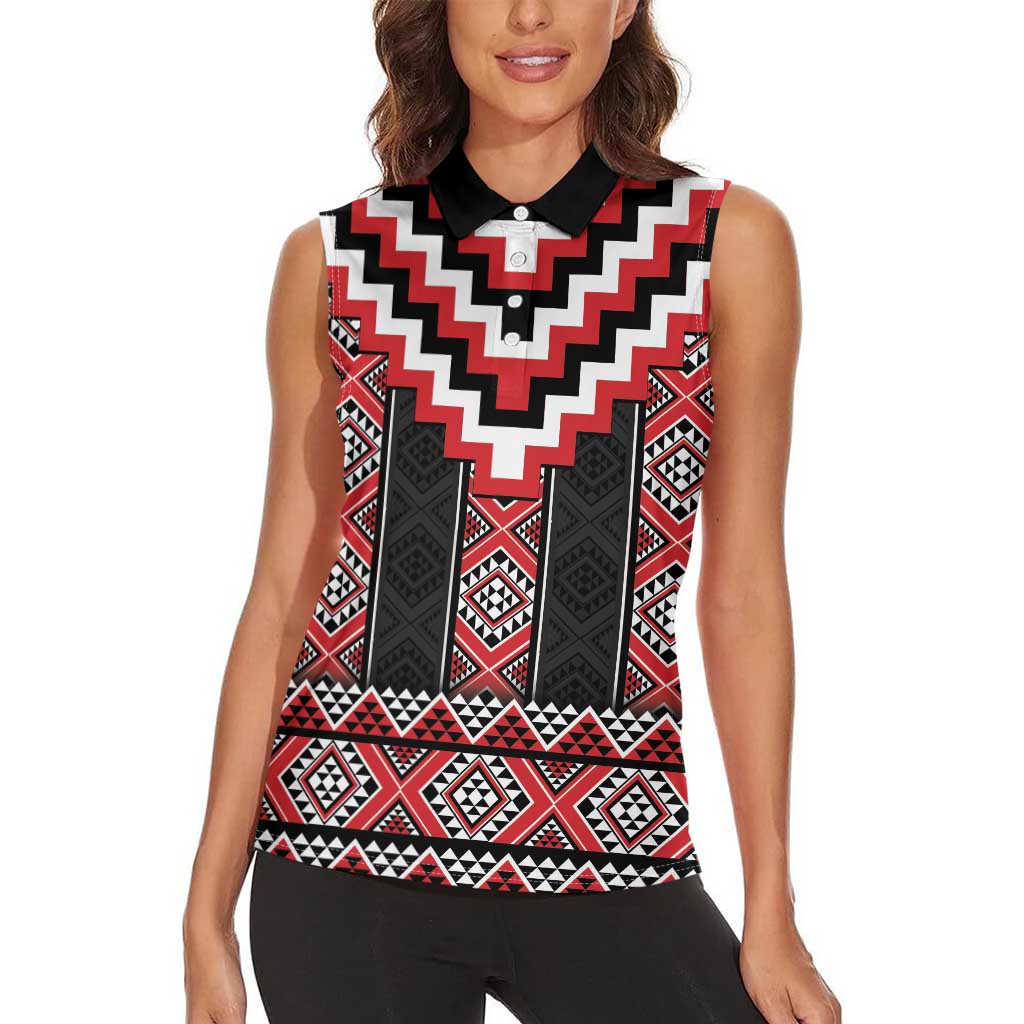 Red Taniko Aotearoa Women Sleeveless Polo Shirt Niho Taniwha Mix Poutama LT14