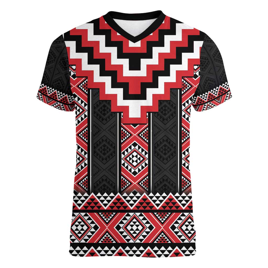 Red Taniko Aotearoa Women V-Neck T-Shirt Niho Taniwha Mix Poutama LT14
