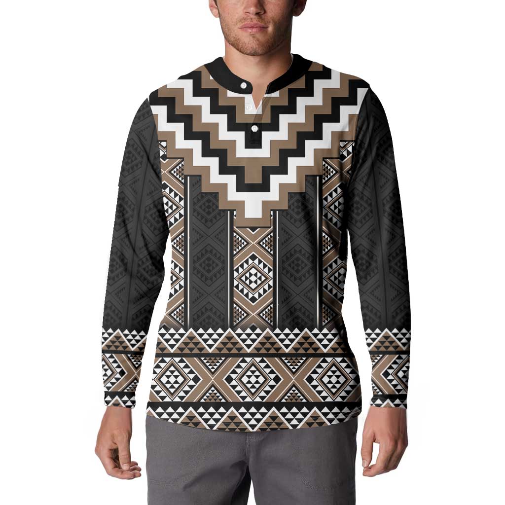 Brown Taniko Aotearoa Button Sweatshirt Niho Taniwha Mix Poutama LT14