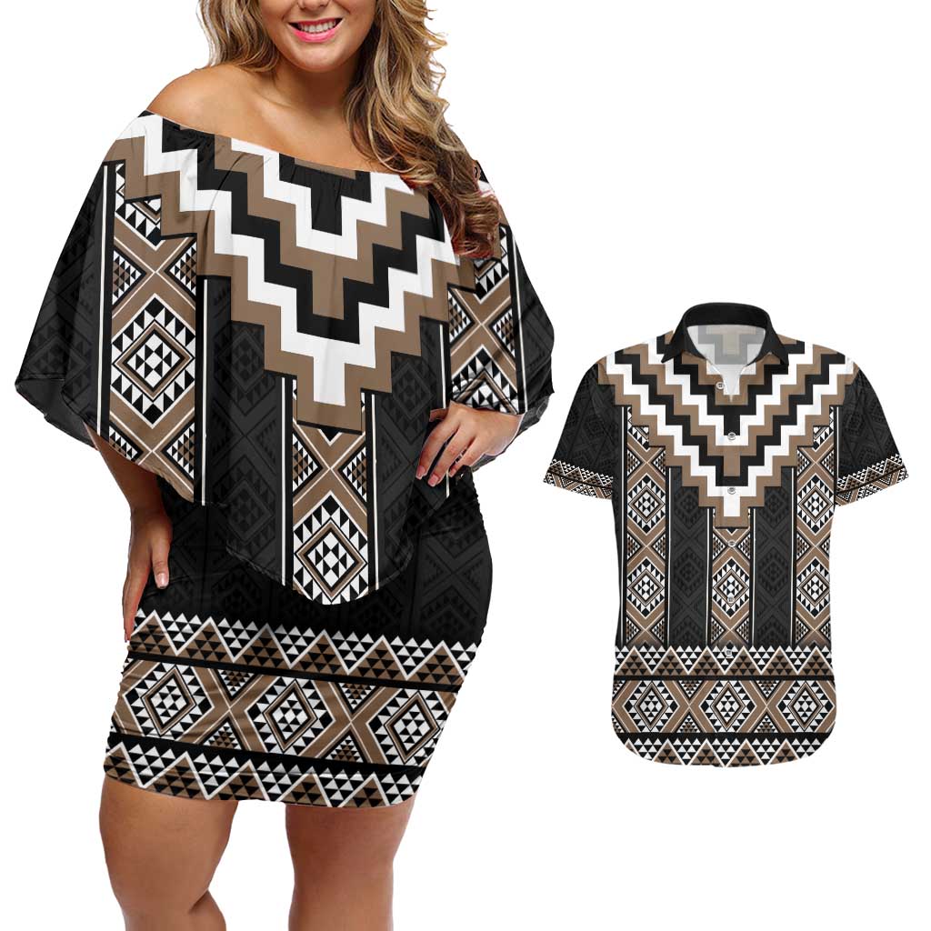 Brown Taniko Aotearoa Couples Matching Off Shoulder Short Dress and Hawaiian Shirt Niho Taniwha Mix Poutama LT14