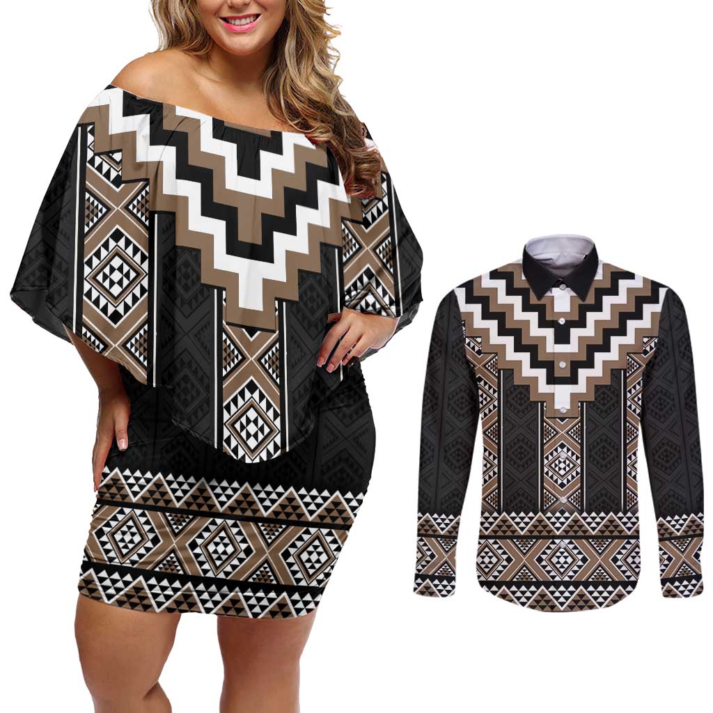 Brown Taniko Aotearoa Couples Matching Off Shoulder Short Dress and Long Sleeve Button Shirt Niho Taniwha Mix Poutama LT14