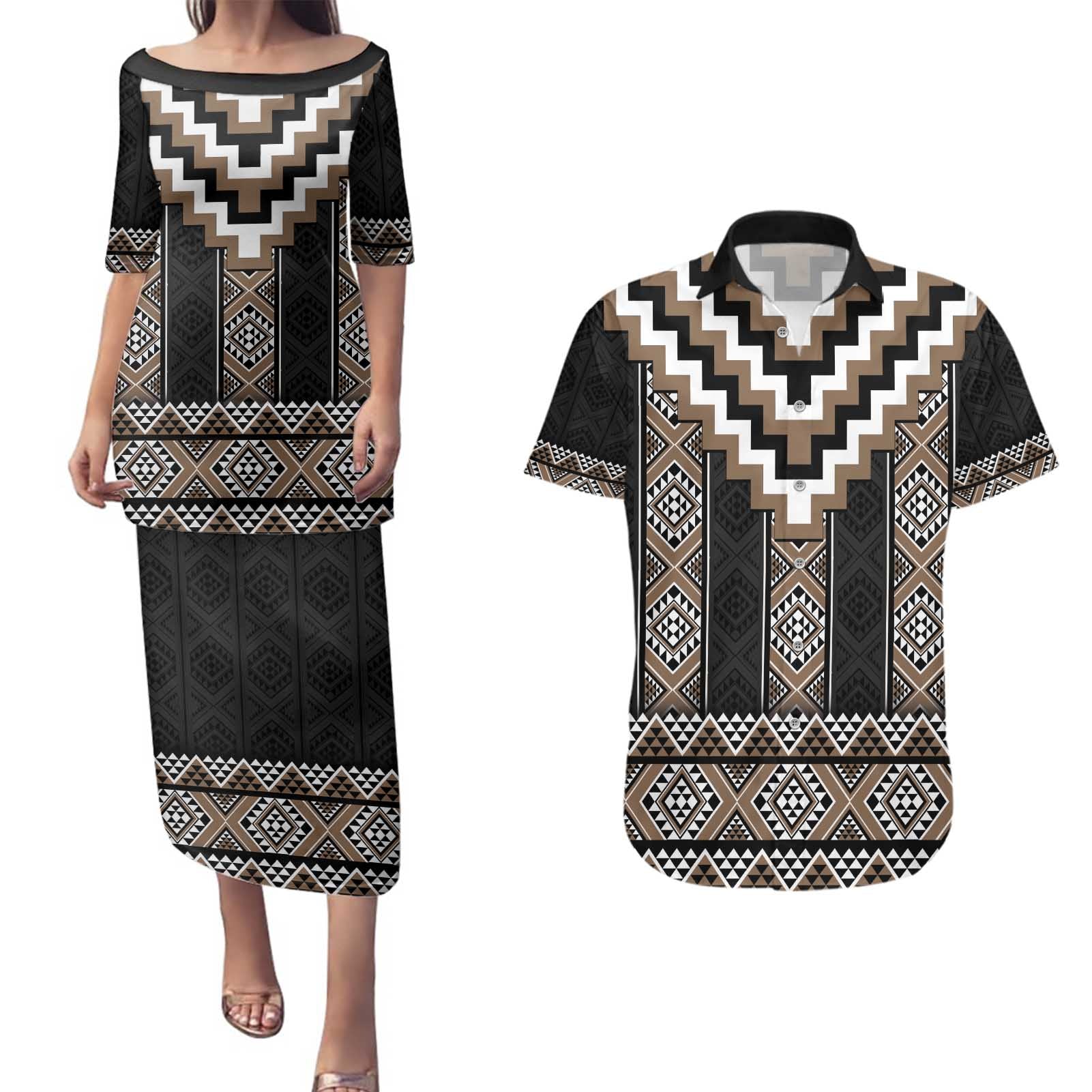 Brown Taniko Aotearoa Couples Matching Puletasi and Hawaiian Shirt Niho Taniwha Mix Poutama LT14