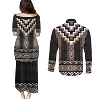 Brown Taniko Aotearoa Couples Matching Puletasi and Long Sleeve Button Shirt Niho Taniwha Mix Poutama LT14