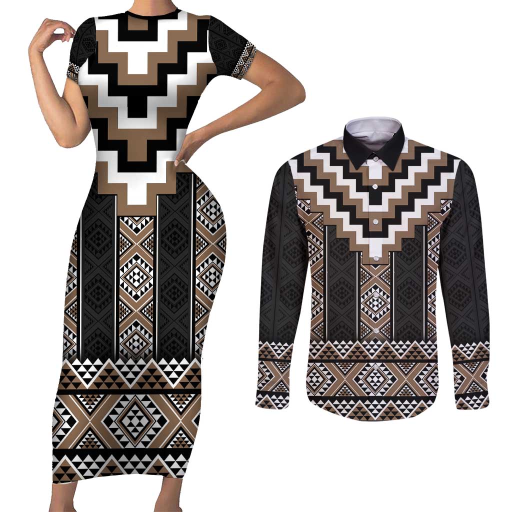 Brown Taniko Aotearoa Couples Matching Short Sleeve Bodycon Dress and Long Sleeve Button Shirt Niho Taniwha Mix Poutama LT14