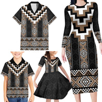 Brown Taniko Aotearoa Family Matching Long Sleeve Bodycon Dress and Hawaiian Shirt Niho Taniwha Mix Poutama LT14 - Polynesian Pride