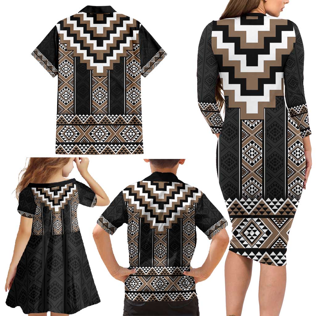 Brown Taniko Aotearoa Family Matching Long Sleeve Bodycon Dress and Hawaiian Shirt Niho Taniwha Mix Poutama LT14 - Polynesian Pride