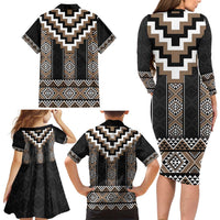 Brown Taniko Aotearoa Family Matching Long Sleeve Bodycon Dress and Hawaiian Shirt Niho Taniwha Mix Poutama LT14 - Polynesian Pride