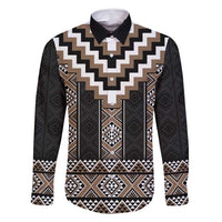 Brown Taniko Aotearoa Family Matching Long Sleeve Bodycon Dress and Hawaiian Shirt Niho Taniwha Mix Poutama LT14 Dad's Shirt - Long Sleeve Brown - Polynesian Pride