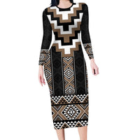 Brown Taniko Aotearoa Family Matching Long Sleeve Bodycon Dress and Hawaiian Shirt Niho Taniwha Mix Poutama LT14 Mom's Dress Brown - Polynesian Pride