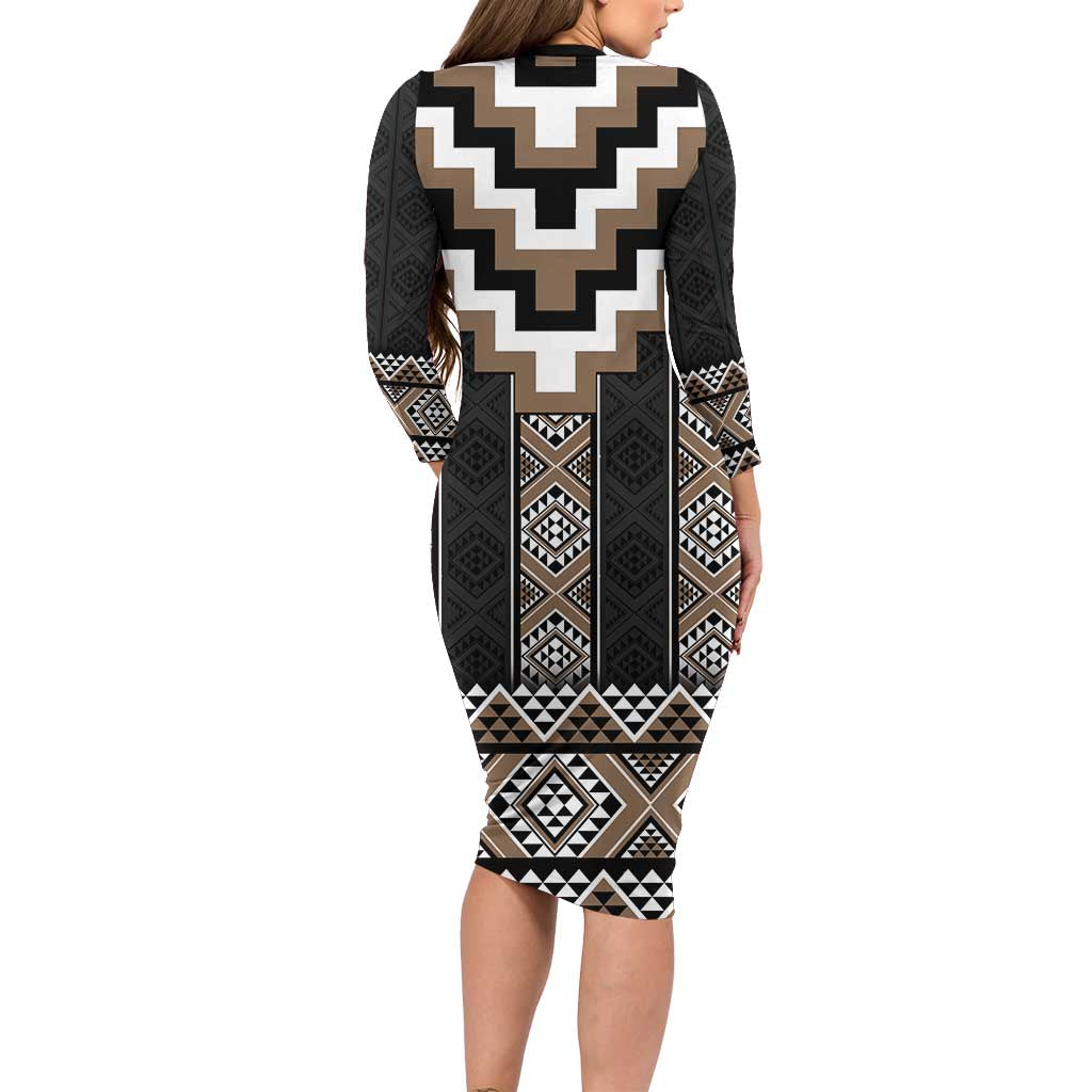 Brown Taniko Aotearoa Family Matching Long Sleeve Bodycon Dress and Hawaiian Shirt Niho Taniwha Mix Poutama LT14 - Polynesian Pride