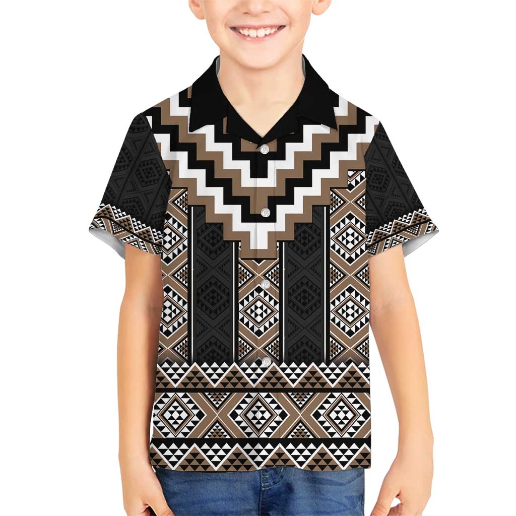 Brown Taniko Aotearoa Family Matching Long Sleeve Bodycon Dress and Hawaiian Shirt Niho Taniwha Mix Poutama LT14 Son's Shirt Brown - Polynesian Pride