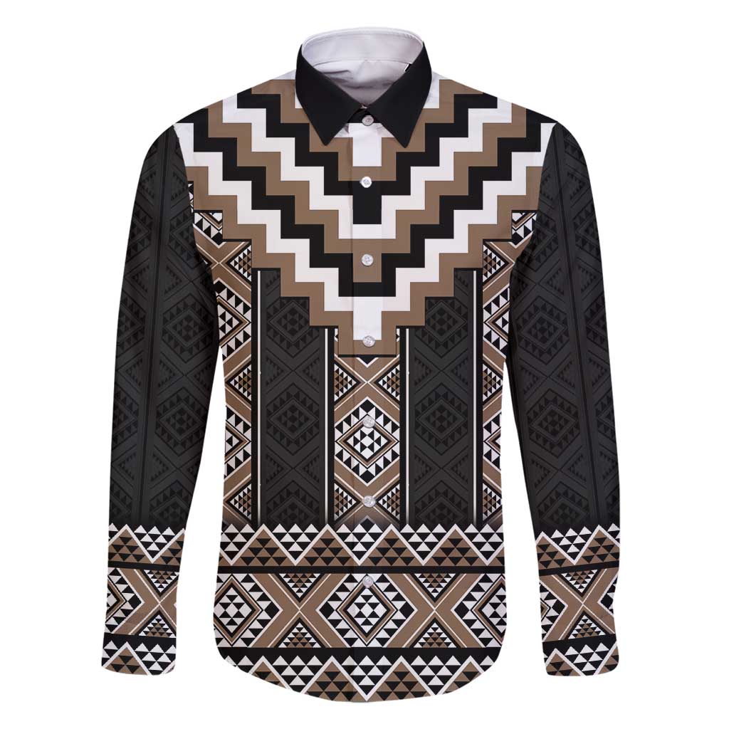 Brown Taniko Aotearoa Family Matching Mermaid Dress and Hawaiian Shirt Niho Taniwha Mix Poutama LT14 Dad's Shirt - Long Sleeve Brown - Polynesian Pride