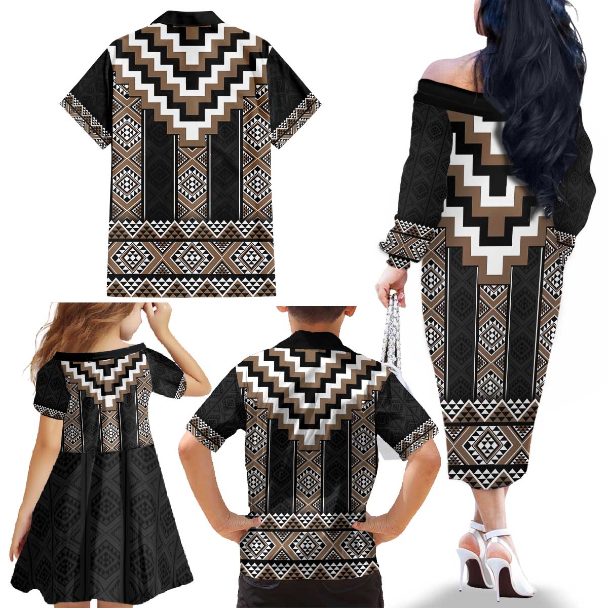 Brown Taniko Aotearoa Family Matching Off The Shoulder Long Sleeve Dress and Hawaiian Shirt Niho Taniwha Mix Poutama LT14 - Polynesian Pride