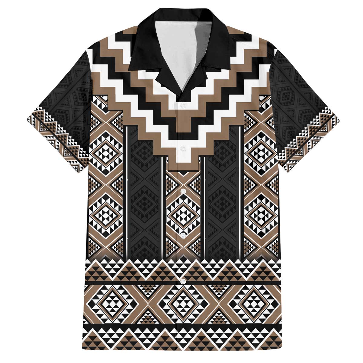Brown Taniko Aotearoa Family Matching Off The Shoulder Long Sleeve Dress and Hawaiian Shirt Niho Taniwha Mix Poutama LT14 Dad's Shirt - Short Sleeve Brown - Polynesian Pride