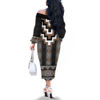 Brown Taniko Aotearoa Family Matching Off The Shoulder Long Sleeve Dress and Hawaiian Shirt Niho Taniwha Mix Poutama LT14 - Polynesian Pride