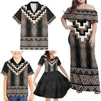 Brown Taniko Aotearoa Family Matching Off Shoulder Maxi Dress and Hawaiian Shirt Niho Taniwha Mix Poutama LT14 - Polynesian Pride