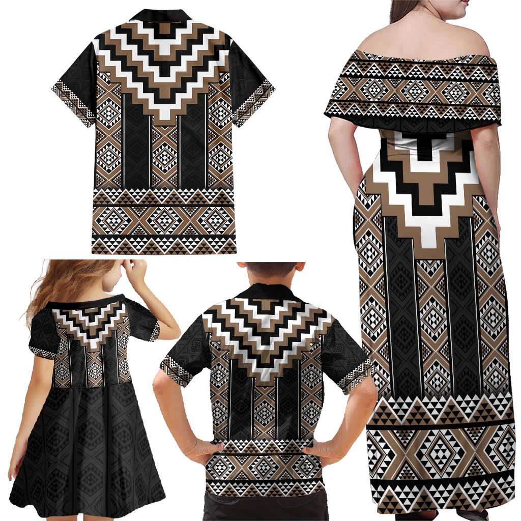 Brown Taniko Aotearoa Family Matching Off Shoulder Maxi Dress and Hawaiian Shirt Niho Taniwha Mix Poutama LT14 - Polynesian Pride