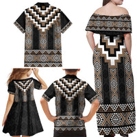 Brown Taniko Aotearoa Family Matching Off Shoulder Maxi Dress and Hawaiian Shirt Niho Taniwha Mix Poutama LT14 - Polynesian Pride