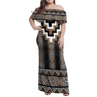 Brown Taniko Aotearoa Family Matching Off Shoulder Maxi Dress and Hawaiian Shirt Niho Taniwha Mix Poutama LT14 Mom's Dress Brown - Polynesian Pride