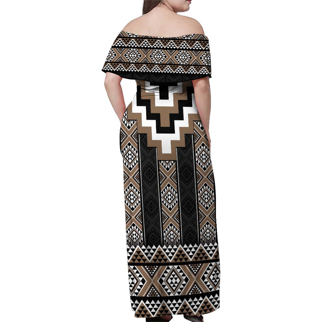 Brown Taniko Aotearoa Family Matching Off Shoulder Maxi Dress and Hawaiian Shirt Niho Taniwha Mix Poutama LT14 - Polynesian Pride
