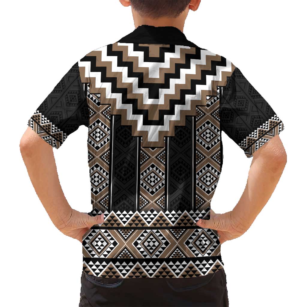 Brown Taniko Aotearoa Family Matching Off Shoulder Short Dress and Hawaiian Shirt Niho Taniwha Mix Poutama LT14 - Polynesian Pride