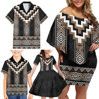 Brown Taniko Aotearoa Family Matching Off Shoulder Short Dress and Hawaiian Shirt Niho Taniwha Mix Poutama LT14 - Polynesian Pride