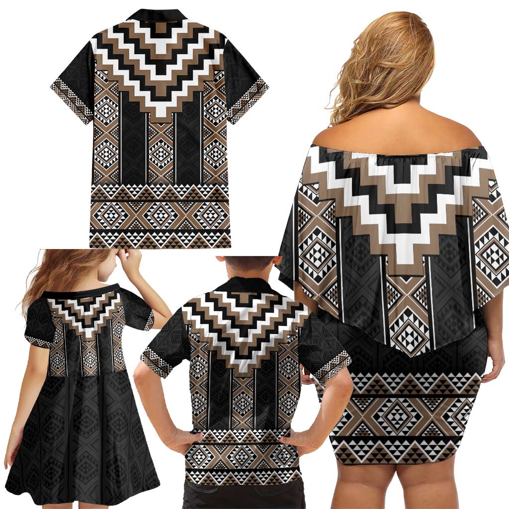 Brown Taniko Aotearoa Family Matching Off Shoulder Short Dress and Hawaiian Shirt Niho Taniwha Mix Poutama LT14 - Polynesian Pride