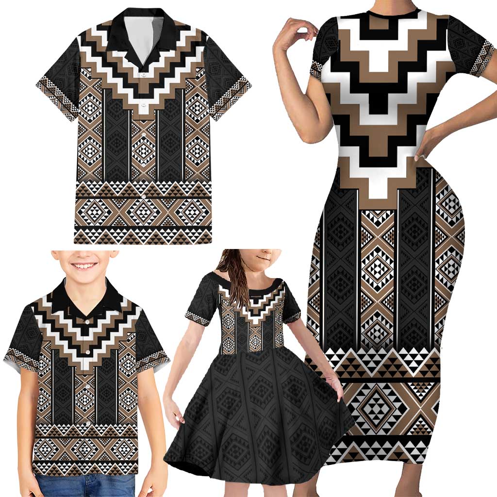 Brown Taniko Aotearoa Family Matching Short Sleeve Bodycon Dress and Hawaiian Shirt Niho Taniwha Mix Poutama LT14 - Polynesian Pride