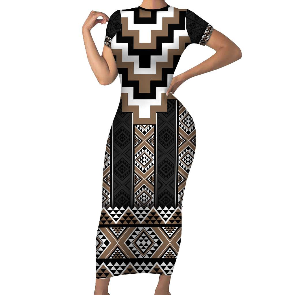 Brown Taniko Aotearoa Family Matching Short Sleeve Bodycon Dress and Hawaiian Shirt Niho Taniwha Mix Poutama LT14 Mom's Dress Brown - Polynesian Pride