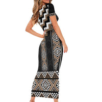 Brown Taniko Aotearoa Family Matching Short Sleeve Bodycon Dress and Hawaiian Shirt Niho Taniwha Mix Poutama LT14 - Polynesian Pride
