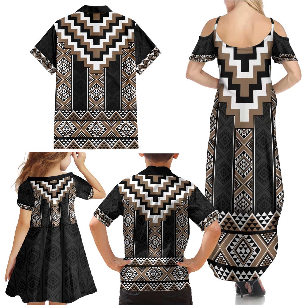 Brown Taniko Aotearoa Family Matching Summer Maxi Dress and Hawaiian Shirt Niho Taniwha Mix Poutama LT14 - Polynesian Pride