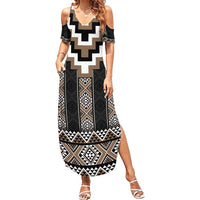 Brown Taniko Aotearoa Family Matching Summer Maxi Dress and Hawaiian Shirt Niho Taniwha Mix Poutama LT14 Mom's Dress Brown - Polynesian Pride