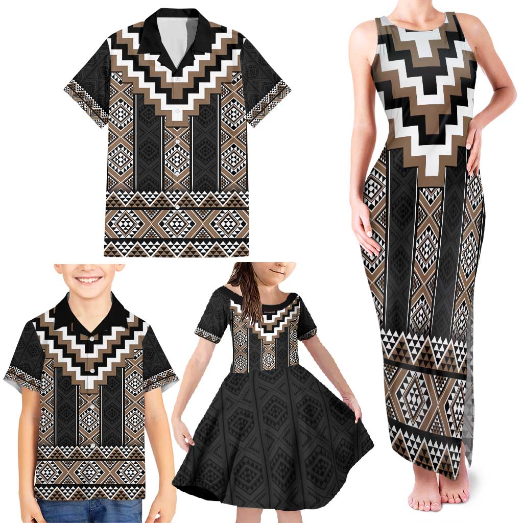 Brown Taniko Aotearoa Family Matching Tank Maxi Dress and Hawaiian Shirt Niho Taniwha Mix Poutama LT14 - Polynesian Pride